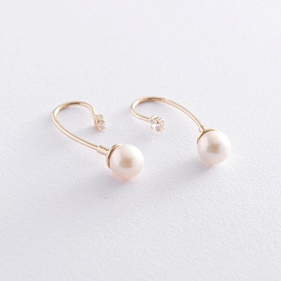 Золотые серьги "Муза" (фианит, культ. пресн. жемчуг) с06735