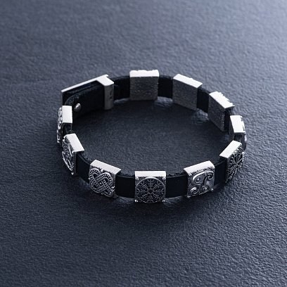 Чоловічий срібний браслет "Мідгард Вікінгів" (шкіра) OR134710