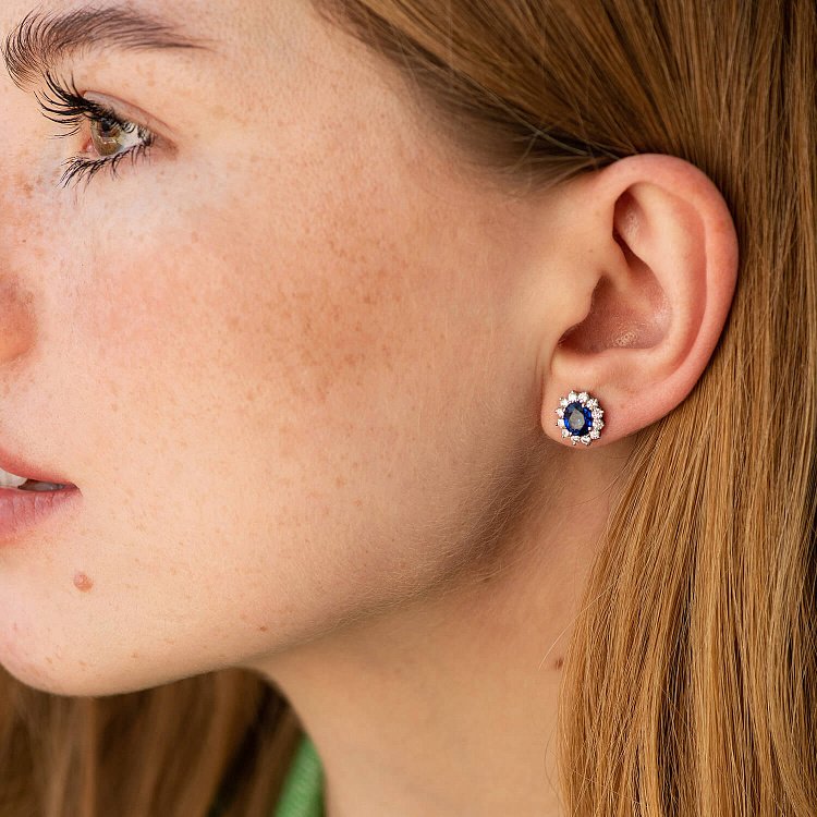 Золоті сережки - пусети (сапфіри, діаманти) сб0494gl від ювелірного магазину Онікс - 1