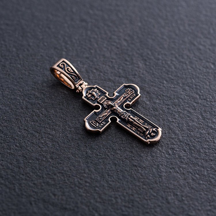 Православний золотий хрест "Розп'яття Христове. Спас Нерукотворний. Ікона Божої Матері знамення. Святитель Миколай" п03017 від ювелірного магазину Онікс