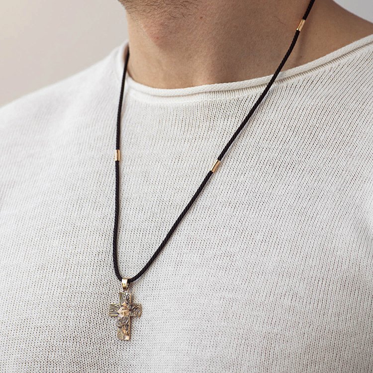 Золотой крест "Иисус Христом в терновом венце" п03900 от ювелирного магазина Оникс - 1