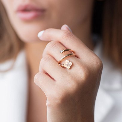 Кольцо "Клевер" с фианитами в красном золоте к06665 №2