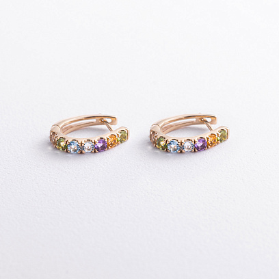 Золоті сережки з доріжкою різнокольорових натуральних каменів с09721 №3