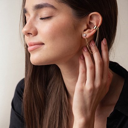 Сережка - каффа "Трініті" в жовтому золоті з ланцюжками (фіаніт) с08041 №11