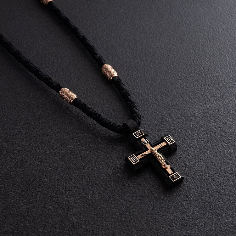 Чоловічий православний хрест "Розп'яття. Спаси та Збережи" на шнурі з ебенового дерева та золота кол02523 від ювелірного магазину Онікс - 7