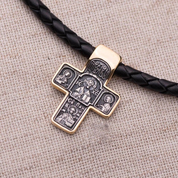 Серебряный крест с позолотой "Господь Вседержитель и Целитель Пантелеймон" 132396 от ювелирного магазина Оникс - 2