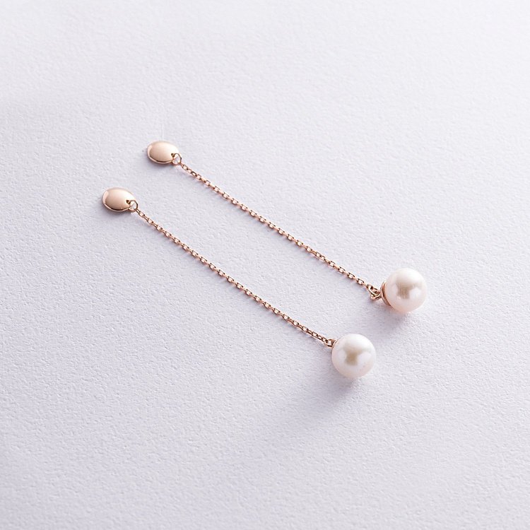 Серьги - пусеты "Жемчужина на цепочке" в красном золоте с08315 от ювелирного магазина Оникс - 5