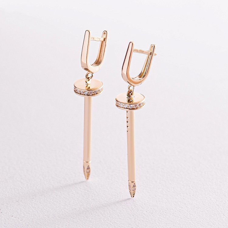 Сережки "Цвях" у жовтому золоті (фіаніти) с07868 від ювелірного магазину Онікс