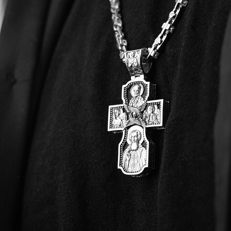 Срібний хрест "Господь. Архангели Михаїл та Гавриїл. Ангел Хранитель. Святитель Миколай. Сергій Радонезький" з ебеновим деревом 980 від ювелірного магазину Онікс - 3