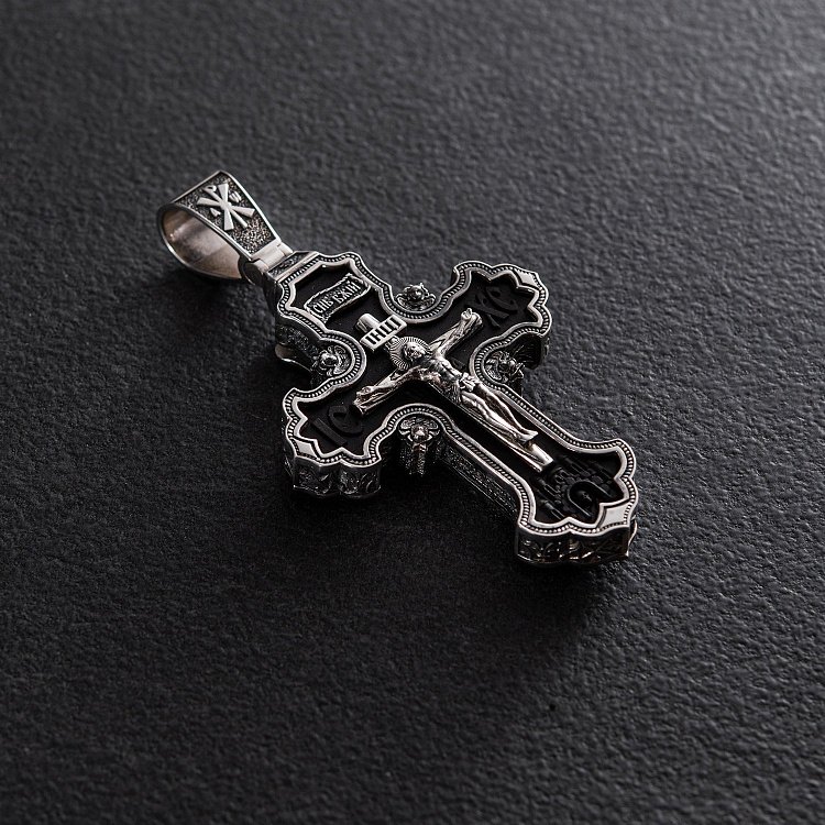 Серебряный крест "Распятие. Спаси и Сохрани" с эбеновым деревом 942 от ювелирного магазина Оникс