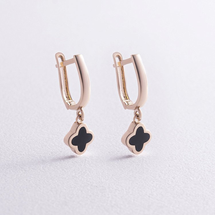 Сережки "Конюшина" в жовтому золоті (емаль) с07534 від ювелірного магазину Онікс