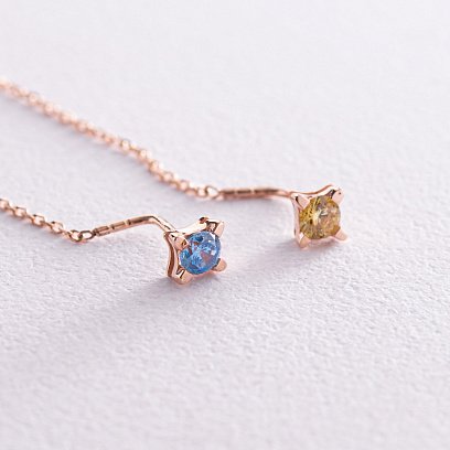 Серьги - протяжки в красном золоте (голубые и желтые фианиты) с08124 №5