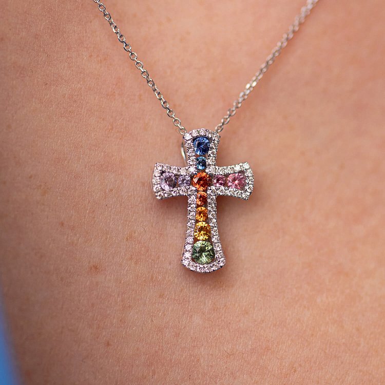 Золотое колье с крестиком (разноцветные сапфиры и бриллианты) колб0100mi от ювелирного магазина Оникс - 5