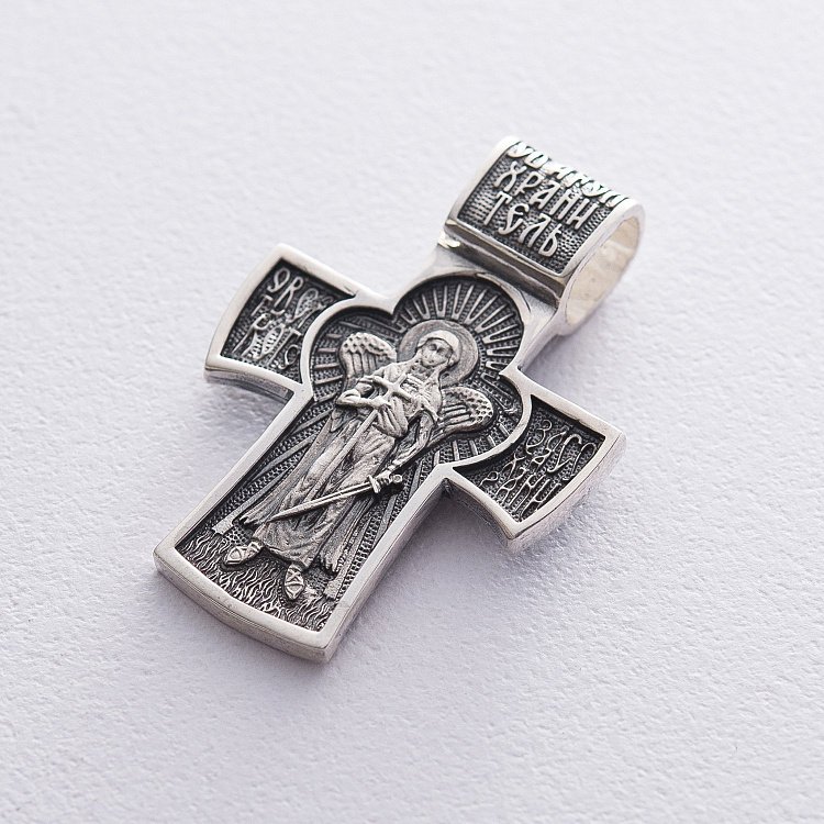 Серебряный крест "Распятие Христово. Ангел Хранитель"  с чернением 132566 от ювелирного магазина Оникс - 6