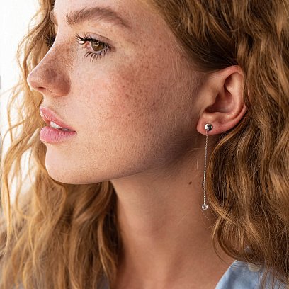 Серьги - пусеты "Фианит на цепочке" в белом золоте с08042 №3