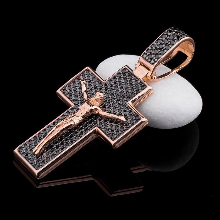 Золотой крест с черными камнями 270046 - 1 Золотой крест с черными камнями 270046 от ювелирного магазина Оникс - 1