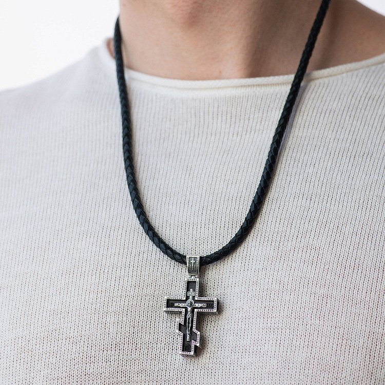 Чоловічий православний хрест "Розп'яття. Спаси та Збережи" з ебенового дерева та срібла 1329 від ювелірного магазину Онікс - 1