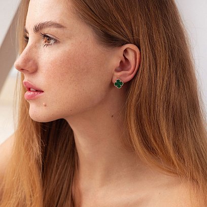 Сережки "Конюшина" в червоному золоті (малахіт) с07114 №2