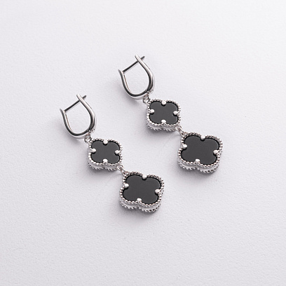 Срібні сережки "Конюшина" з оніксом 123498 №2