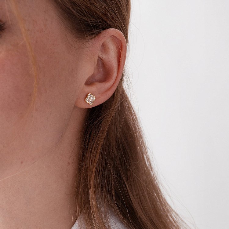 Золотые серьги - пусеты "Клевер" (фианиты) с07890 от ювелирного магазина Оникс - 1