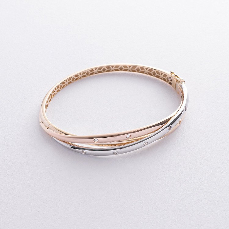 Жорсткий браслет з трьох кольорів золота (фіаніти) б04495 від ювелірного магазину Онікс - 2