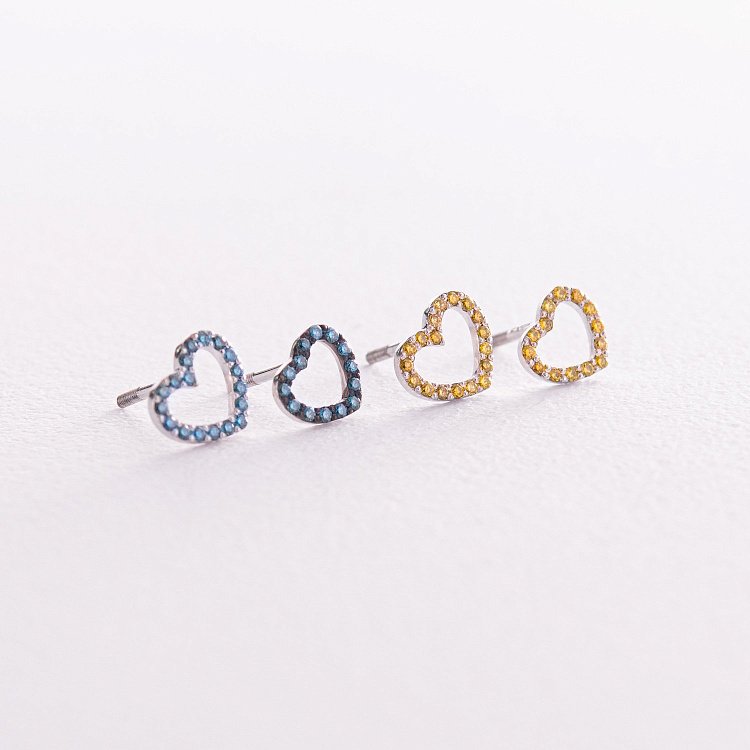 Золоті сережки - пусети "Сердечки" з блакитними та жовтими діамантами 327111121 від ювелірного магазину Онікс - 4