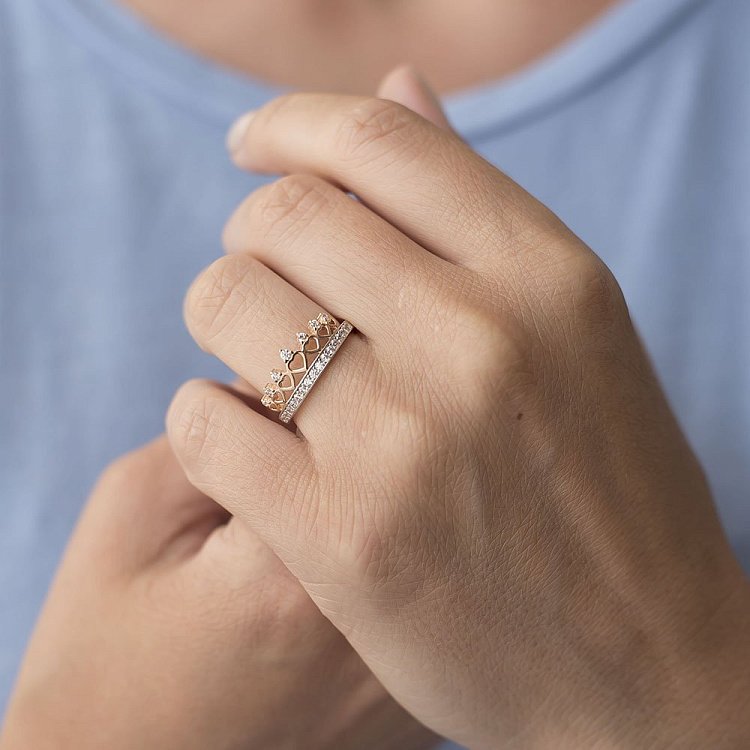 Золотое кольцо "Корона" с фианитами к04988 от ювелирного магазина Оникс - 3