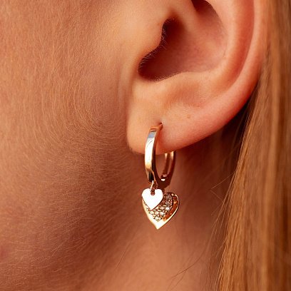 Золоті сережки - кільця "Сердечки" з фіанітами с06618 №4