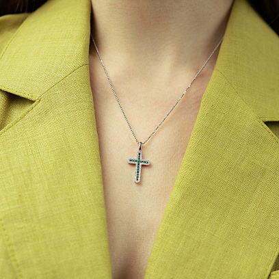 Крестик в белом золоте (бриллианты, изумруды) пб0408ri №5