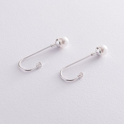 Серебряные сережки женские (фианит, искус. жемчуг) 121310 №6