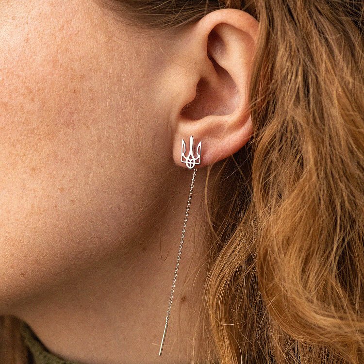 Сережки - протяжки "Герб України - Тризуб" (біле золото) с08094 від ювелірного магазину Онікс - 1