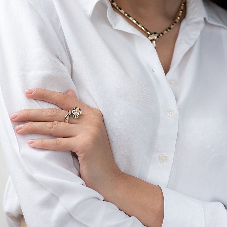 Золотое кольцо "Змея" (эмаль, фианит) к06644 от ювелирного магазина Оникс - 6