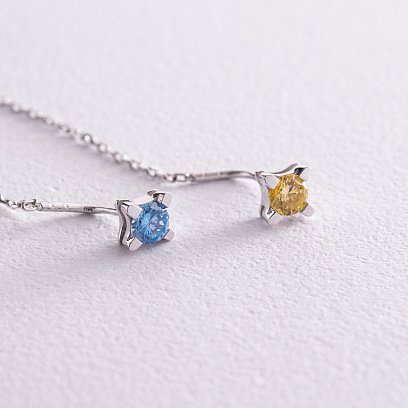 Серьги - протяжки в белом золоте (голубые и желтые фианиты) с08122 №5
