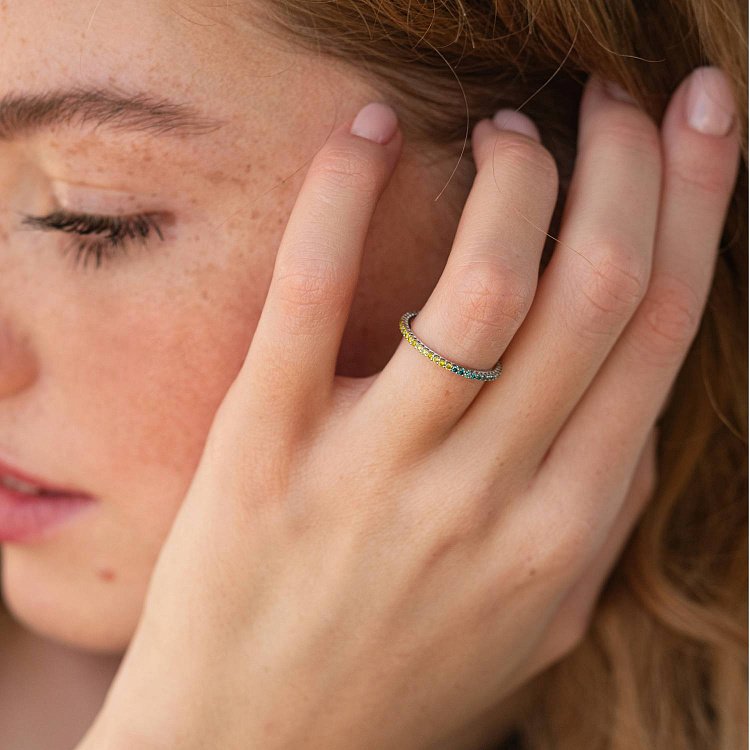 Золотое кольцо с голубыми и желтыми бриллиантами 226831121 от ювелирного магазина Оникс - 7