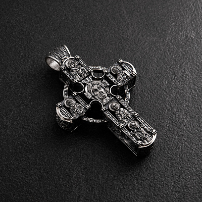 Серебряный крест "Иисус Христос со святыми. Спаси и Сохрани" (на укр. языке) с эбеновым деревом 1602 №3