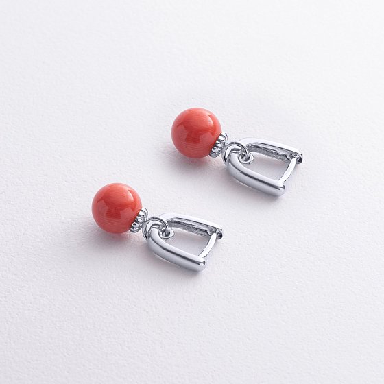 Сережки з коралом (біле золото) с08741 №5