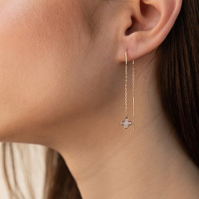 Золотые серьги - протяжки "Клевер" с перламутром с08149 №4