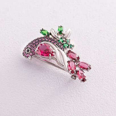 Серебряная брошь "Райская птица" с разноцветными фианитами 452 №3