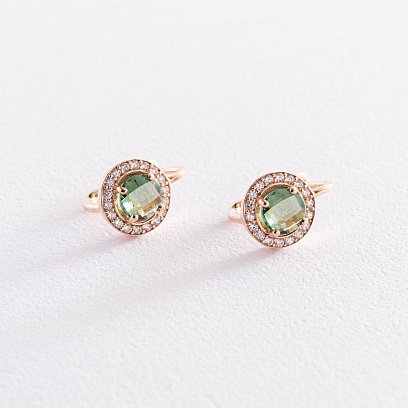 Золотые серьги с зелеными и белыми фианитами с07464 №4