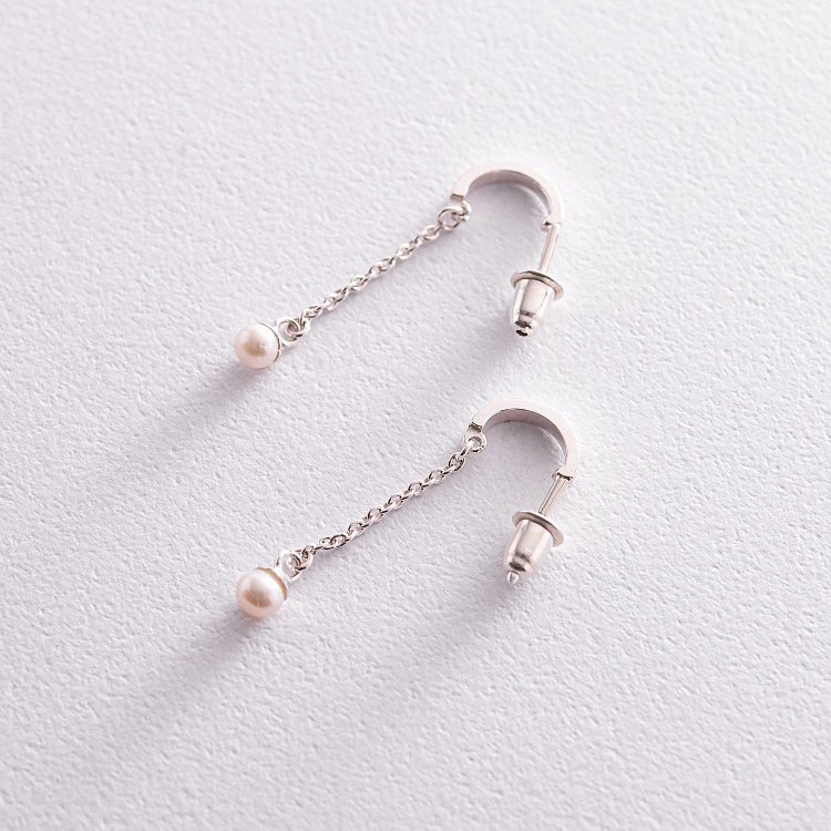 Серебряные серьги - пусеты "Миранда" с жемчугом на цепочке 123208 от ювелирного магазина Оникс - 3