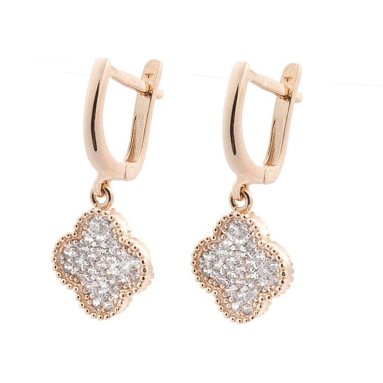 Золоті сережки "Конюшина" з фіанітами с05523 від ювелірного магазину Онікс - 1