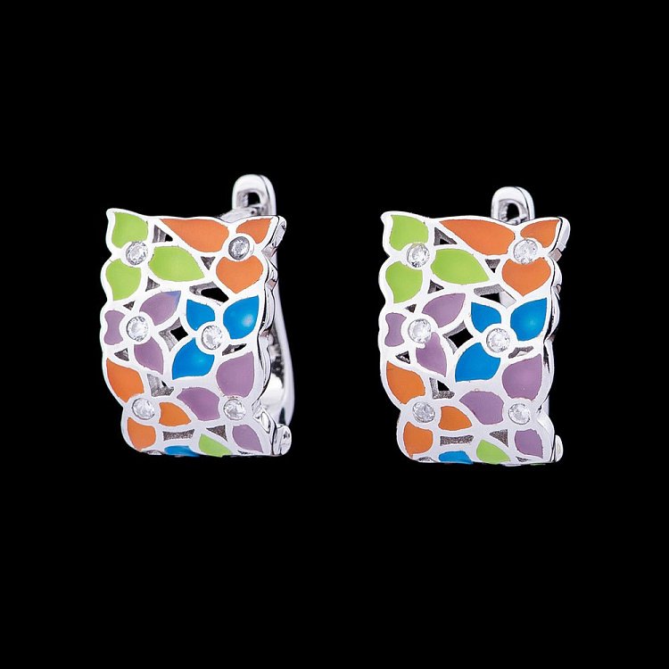 Срібні сережки (фіаніти, емаль) 122017 від ювелірного магазину Онікс - 1