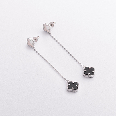 Серебряные серьги "Клевер на цепочке" (перламутр, оникс) 123539 №2