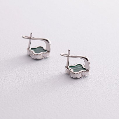 Серебряные серьги "Клевер" (малахит) 122841 №4