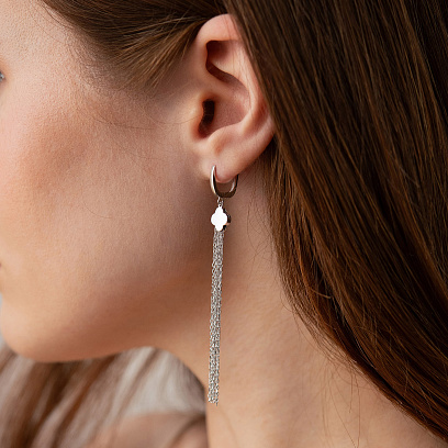 Серьги "Клевер" с цепочками (белое золото) с09411