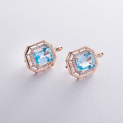 Серьги золотые с голубым топазом и фианитами с03117