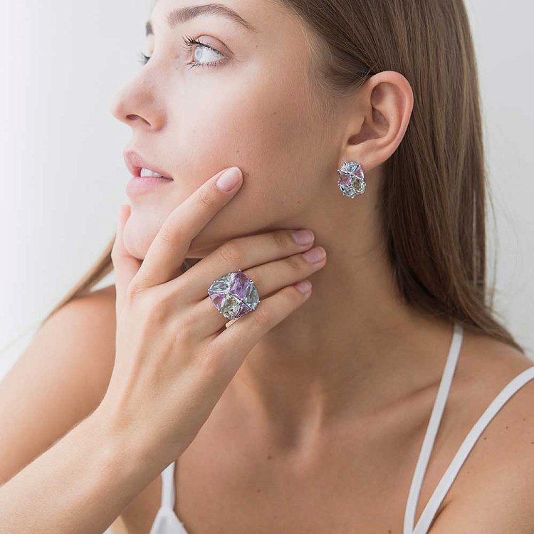 Золотые серьги с бриллиантами, аметистами и топазами E25030C от ювелирного магазина Оникс - 4