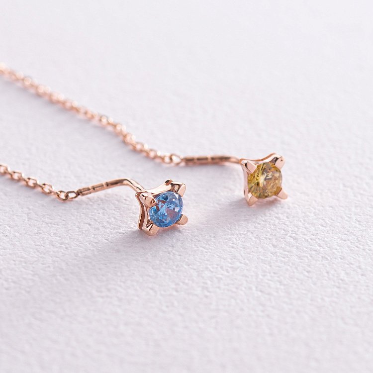 Сережки - протяжки у червоному золоті (блакитні та жовті фіаніти) с08124 від ювелірного магазину Онікс - 4