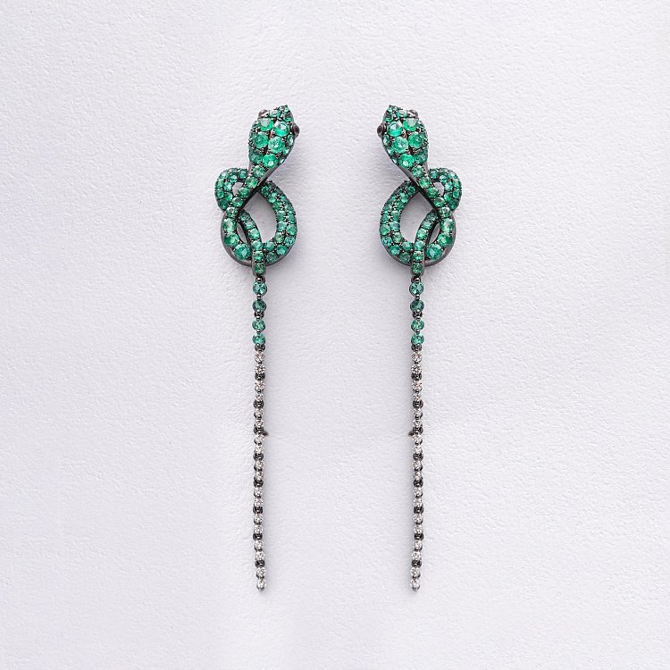 Золоті сережки - пусети "Змії" (діаманти, смарагди, рубіни) сб0597nl від ювелірного магазину Онікс