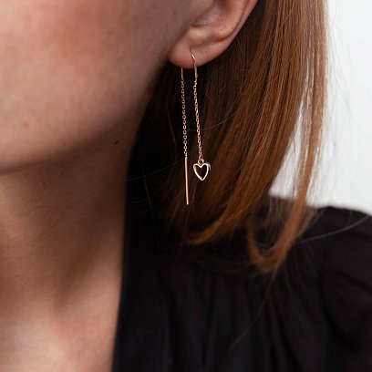 Серьги - протяжки "Сердечки" в красном золоте с07957 №2